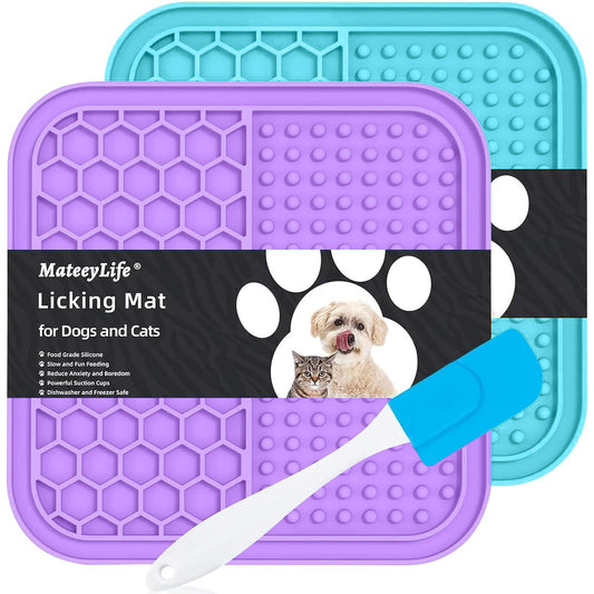 MateeyLife 2PCS Small Lick Mat for Dogs and Cats, Licking Mats for Dog Anxiety Relief, Cat Peanut Butter Lick Pad for Boredom Reducer, Dog Treat Mat Perfect for Bathing Grooming Purple&Light Blue