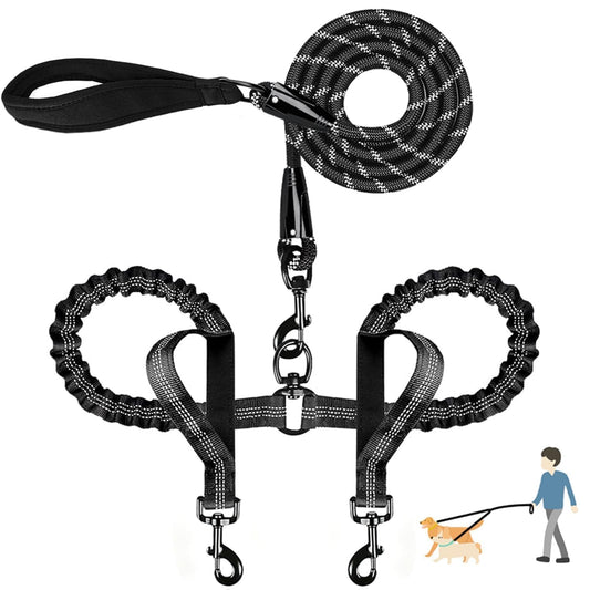 QUAN DUO DUO Durable Double Dog Leash Two Dog Leash No Tangle with Padded Handles & Reflective Strips for Medium Large Dogs, Comfortable Shock Absorbing Bungee for Two Dogs 18~120 Lbs