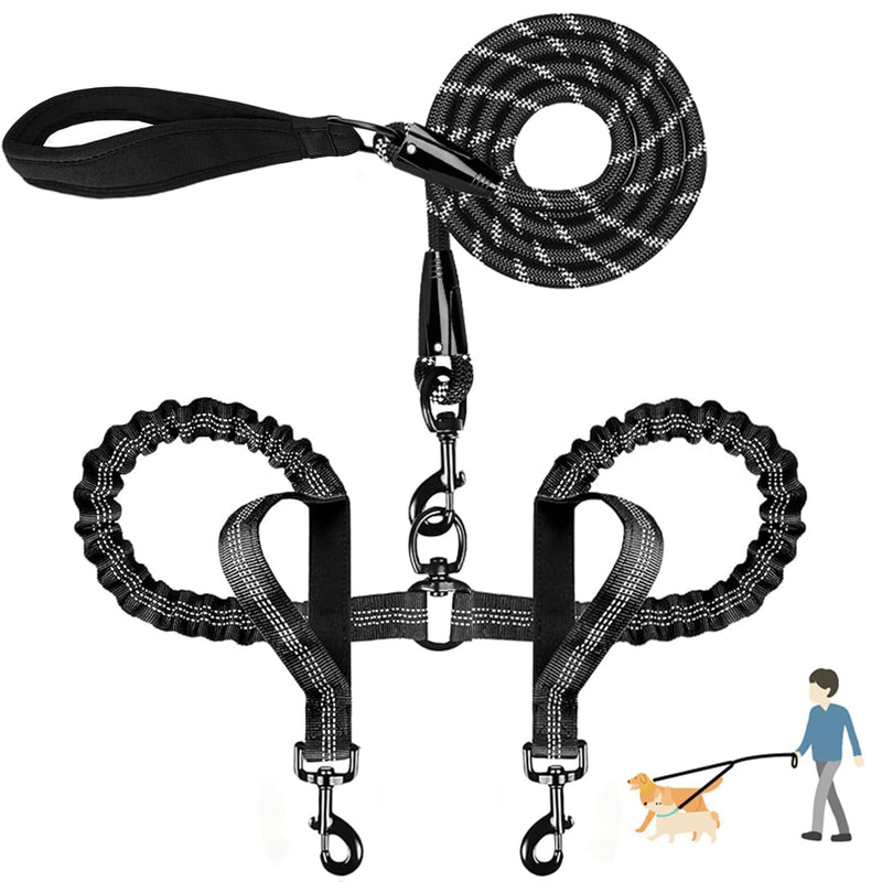 QUAN DUO DUO Durable Double Dog Leash Two Dog Leash No Tangle with Padded Handles & Reflective Strips for Medium Large Dogs, Comfortable Shock Absorbing Bungee for Two Dogs 18~120 Lbs