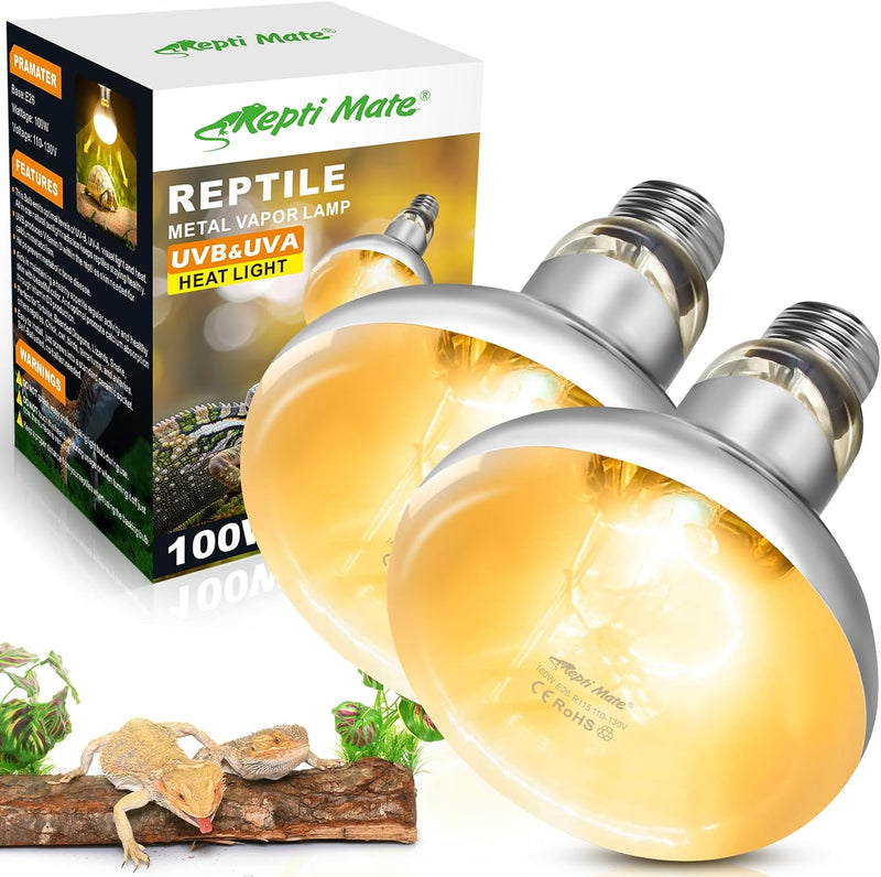 2 Pack 100W Reptile Heat Lamp Bulbs, Full Spectrum UVA/UVB Reptile Light Bulb and Basking Spot Light, UVB Light for Rept
