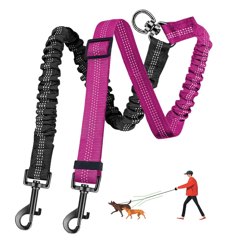 LEOSASA Double Dog Leash - 360°Swivel Tangle Free Splitter Attachment, 2 Dogs Multi-Functional Leashes, Dual Rope for Outdoor Walk Train Small Medium Large Two Pet, Fuchsia