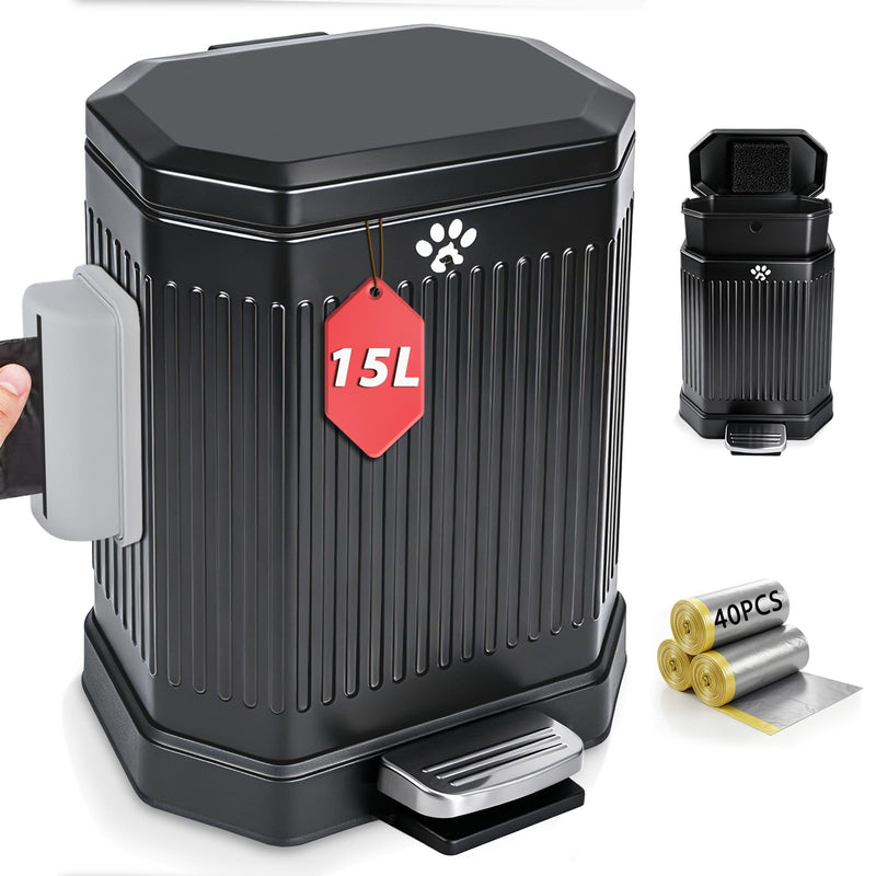 Metal Dog Poop Trash Can Outside with Odor Control Lid, 15L/4Gal Dog Waste Large Bin with Step-On Pedal, Removable Inner Bucket, Bin Bag Holder, 40 Waste Bags, Pet Waste Station for Indoor Outdoor