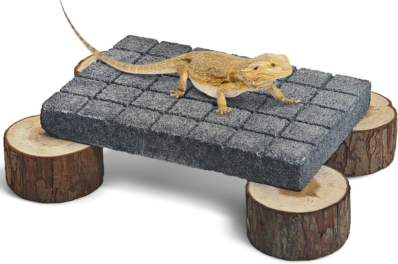 Lizard Scratching Pad, Volcanic Rock Basking Platform with Wooden Pile Bearded Dragon Hides and Caves, Small Animal Cage