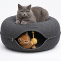 MeowMates Peekaboo Cat Cave Donut Bed for Multiple Cats Upto 45lbs, 3-in-1 Large Cat Tunnel & Donut Bed Combo w Round Tunnel Scratcher for Indoor Cats, Hanging Toy, Washable & Detachable - Dark Grey