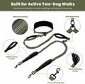 Hands Free Double Dog Leash, 4 Reflective Padded Handles, Adjustable Waist Belt 27-51", Shock-Absorbing Bungee, 360° Swi