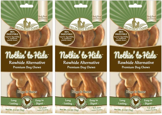 Fieldcrest Farms 3 Pack of Nothin' to Hide Chicken Rings and Bones, 12 Count Each, Rawhide Alternative Dog Chews