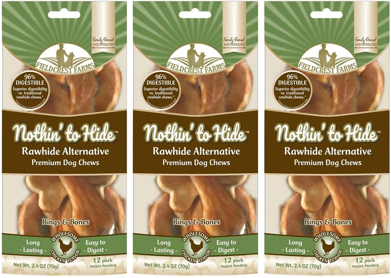 Fieldcrest Farms 3 Pack of Nothin' to Hide Chicken Rings and Bones, 12 Count Each, Rawhide Alternative Dog Chews
