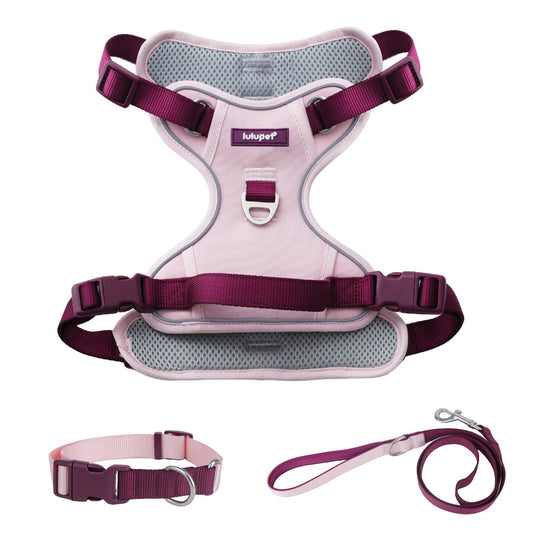 3 in 1 No Pull Dog Harness Leash and Collar Set, Soft and Cute Adjustable Dogs Vest Reflective and Comfortable Handle Pink