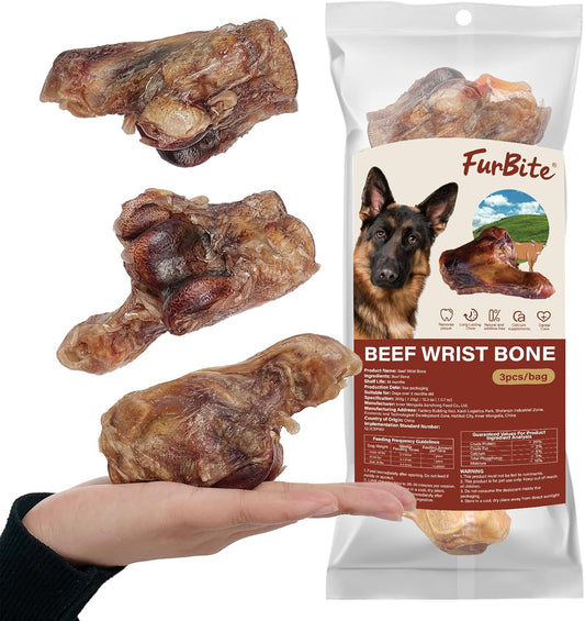 3 PCS Single Ingredient Beef Wrist Bones for Dogs - Grass-Fed High Protein Natural Chew, Long Lasting Treat for Aggressi