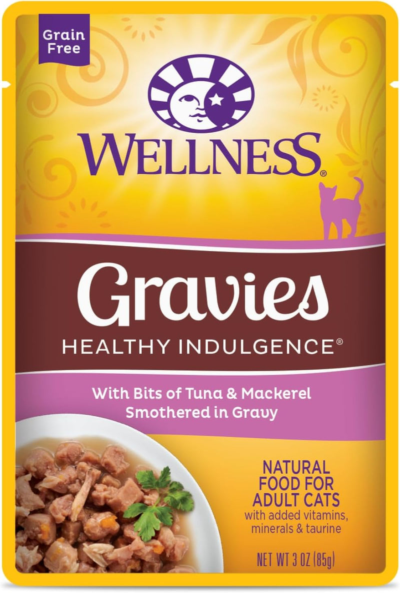 Wellness Healthy Indulgence Gravies Adult Wet Cat Food, Natural, Protein Rich, Grain Free, Tuna and Mackerel Recipe, 3 oz, Pack of 24 Pouches