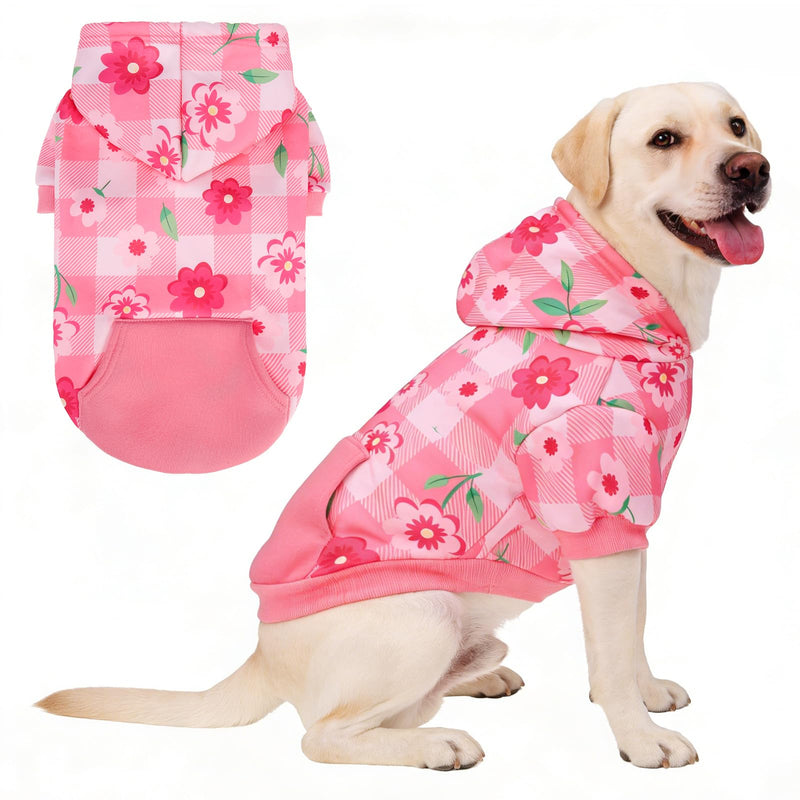 KOOLTAIL Spring Dog Hoodie Pet Clothes Sweater with Hat and Pocket for Medium Large Size Dogs Outdoor Picnic Camping, Insect Protection Anti-Hair Loss, Soft Fleece Dog Hooded Sweatshirt, Pink Flower L