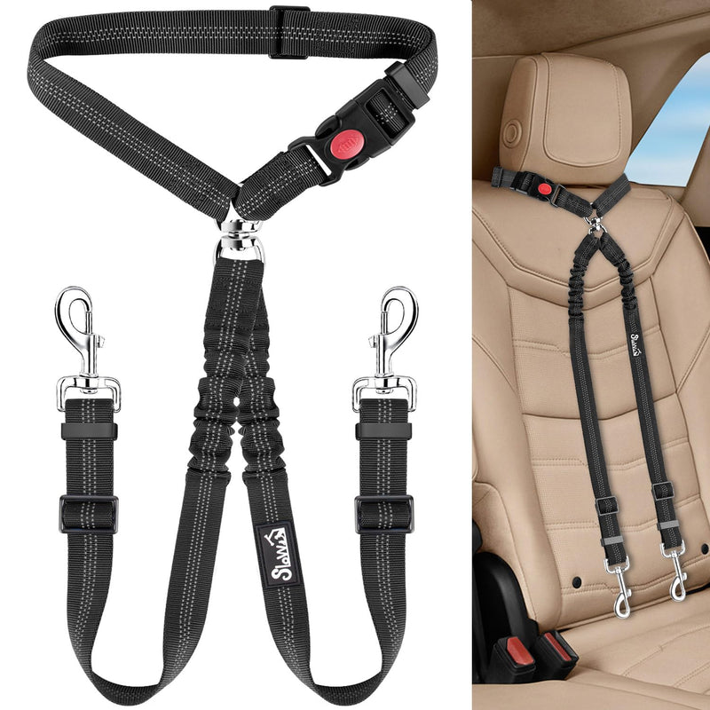 Lukovee Double Dog Seat Belt, New Dual Pet Car Headrest Restraint Safety Seatbelt No Tangle Dog Leash Duty Adjust Elastic Bungee Puppy Lead Splitter Connect Harness in Vehicle Travel for 2 Dogs,Black