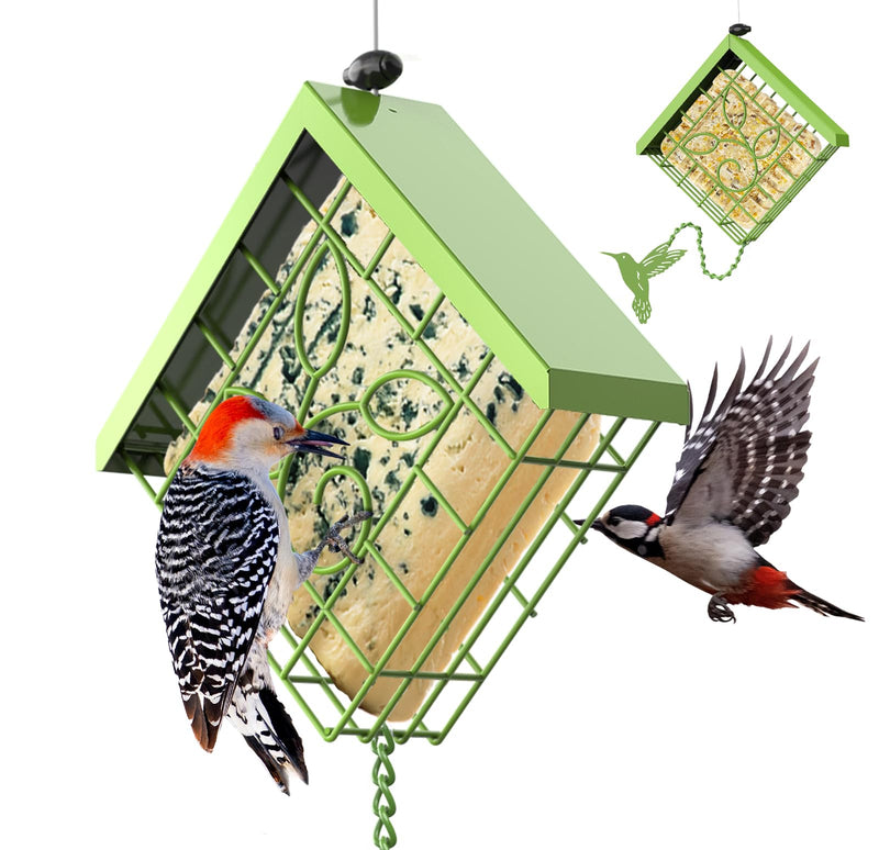 FlowaFoli Suet Bird Feeder for Outside, Metal Suet Feeder for Outside Hanging, Single Suet Cake Capacity, Fruit and Suet Feeder Style for Outside Hanging(Green)