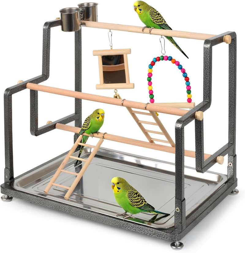 halinfer Bird Playground for Indoor Use, Table Collapsible Bird Playstand for Top of Cage, Mirrow Swing Cups 2 Ladders f