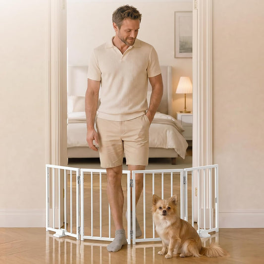 BFNN Free Standing Dog Gate, 16.5" High Short Pet Gate for Stairs and Doorways, Up to 48" Wide Foldable Puppy Fence, Indoor & Outdoor Use, No Drilling and No Assembly, for Small & Toy Dogs, White