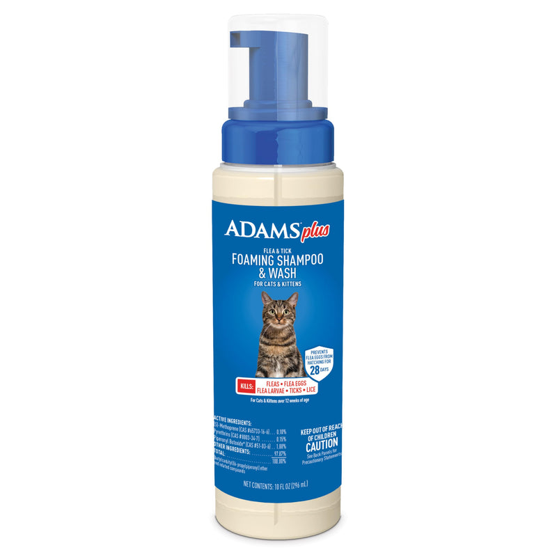 ADAMS Plus Flea & Tick Foaming Shampoo & Wash for Cats & Kittens, Flea Shampoo to Treat Flea Infestations, Kills Ticks, Fleas, Flea Eggs & Lice, Cleans and Conditions Coat, 10 Ounces