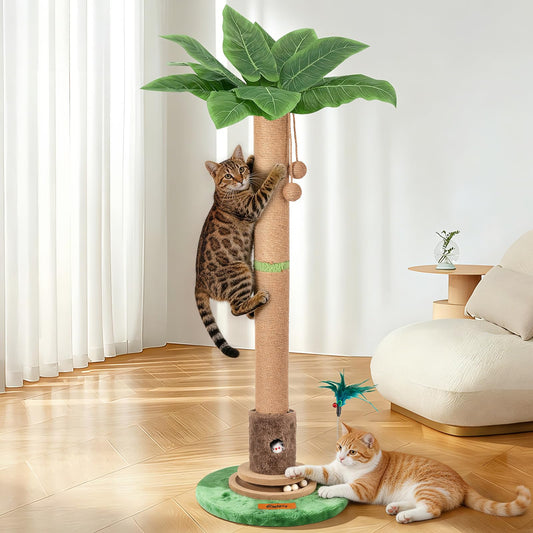 Famifit 39" Cat Scratching Post for Indoor Cats, Interactive Plant-Inspired Cat Scratcher with Sisal Rope, Mouse Hole & Wooden Ball Track, Tall Cat Scratch Post for Large Adult Cats & Kittens