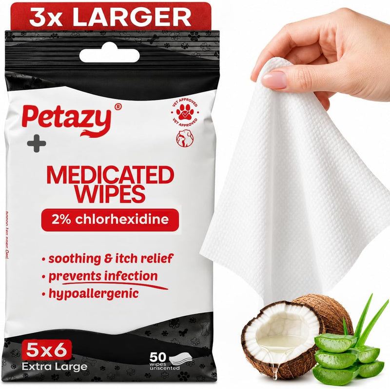Petazy 2% Chlorhexidine Wipes for Dogs 3X Larger | Yeast Infection Ringworm Fungus Hot Spot Itch Relief | Medicated Antibacterial Antifungal Gentle Soothing Topical Wipes for Dog Cat | 50 Wipes 5x6