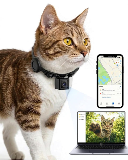 Cat Camera Collar with Tracker Tag, 1080P HD Pet POV Action Cam, No WiFi No App One-Click Video Recorder for Cats & Smal