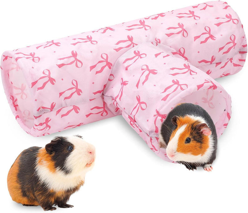 JarThenaAMCS Guinea Pig Tunnel 3 Way Washable Guinea Pig Hideout Pink Bow Foldable Rabbit Tunnel Small Animal Toy for Bu