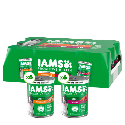 IAMS Proactive Health Wet Dog Food Adult, Canned Dog Food, Chicken Chunks in Gravy and Beef Chunks in Gravy, 13 oz. Cans, Pack of 12