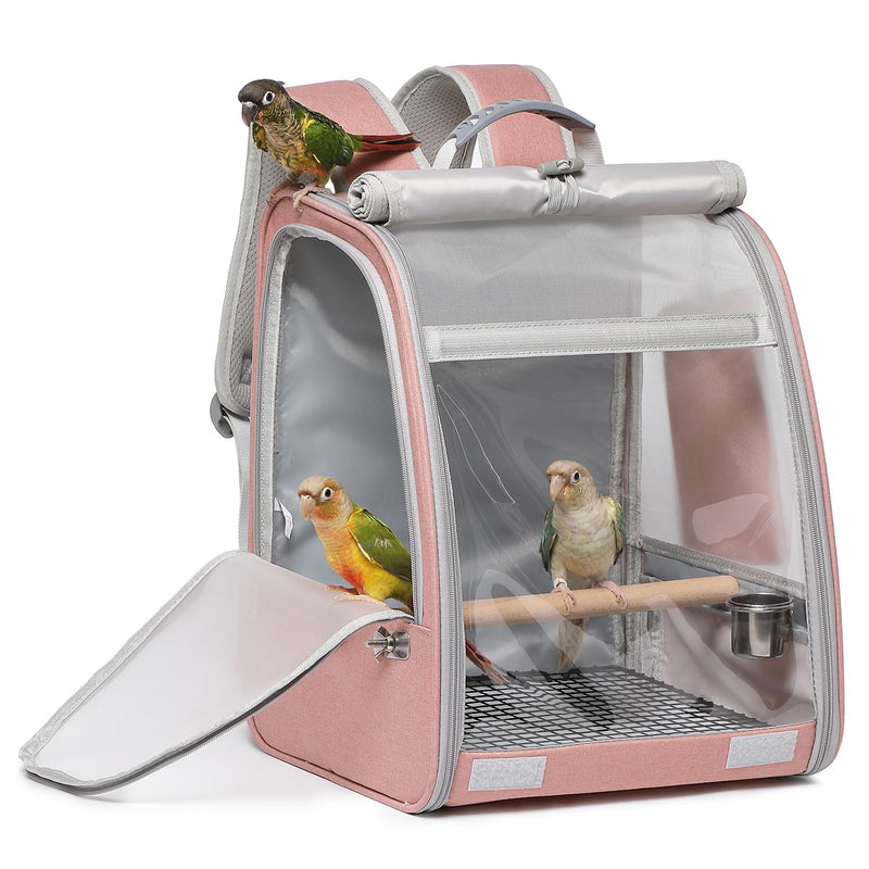 Bird Carrier Backpack, Portable Travel Bird Cage with Standing Perch, 2 Feeder Cups, Iron Mesh Stand & Removable Tray Lightweight, Breathable Mesh Window for Parrot Carrier，Easy Clean (Pink)