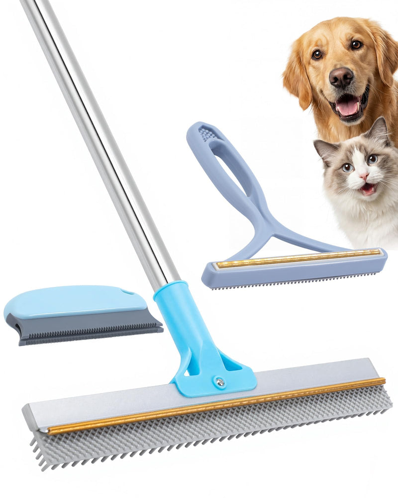 Carpet Rake for Pet Hair Removal - 54''Adjustable Long Handle Carpet Rake, 3 in 1 Reusable Silicone Carpet Broom with 2 Lint Scrapers, Pet Hair Remover Broom for Rugs, Mats, Couch, Car Interiors