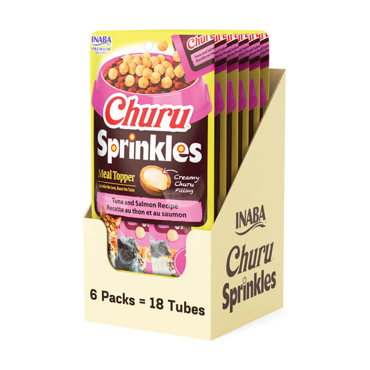 INABA Churu Sprinkles for Cat, Soft & Chewy Churu Filled, Baked Chicken Cat Treat Meal Topper with Vitamin E and Green Tea Extract, 1.05 oz. per Pack, 18 Packs Total, Tuna and Salmon Recipe