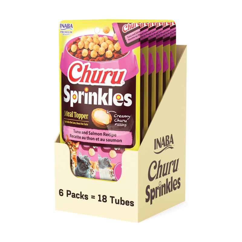 INABA Churu Sprinkles for Cat, Soft & Chewy Churu Filled, Baked Chicken Cat Treat Meal Topper with Vitamin E and Green Tea Extract, 1.05 oz. per Pack, 18 Packs Total, Tuna and Salmon Recipe