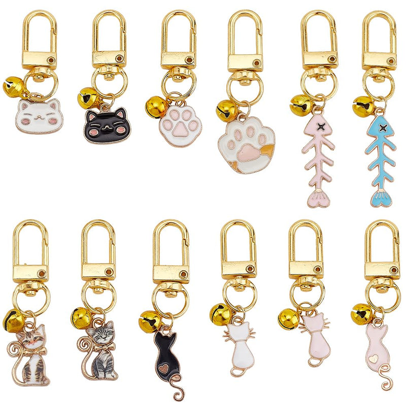 DELORIGIN 12pcs Cat Dog Collar Bells Charms, Pet Enamel Collar Bells Fishbone Jewelry Charms Cat Paw Alloy Collars Charm Bells for Cats Dogs Rabbit Necklace DIY Keyring Pendants Bag Decor