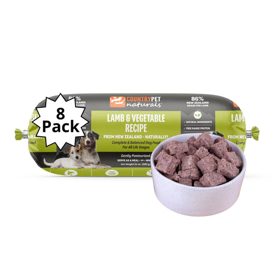 CountryPet Naturals New Zealand Lamb & Veggie Frozen Fresh Dog Food, High-Protein 91% Grass-Fed Free-Range Meat, Gently Cooked, Grain-Free, Omega-3s, 8 Rolls (12 lb Case)
