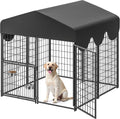 4x4x4.5ft Outdoor Dog Kennel, Metal Heavy Duty Dog Run with Rotating Door & 2 Adjustable Bowls, Dog Kennel Outside with 