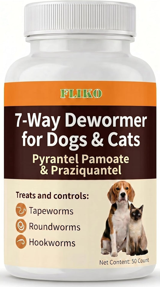 FLIKO 7 Way Dewormer Flavored Chewables for Dogs & Cats, Pyrantel Pamoate & Praziquantel, Safe for 4 Weeks and Older, 50