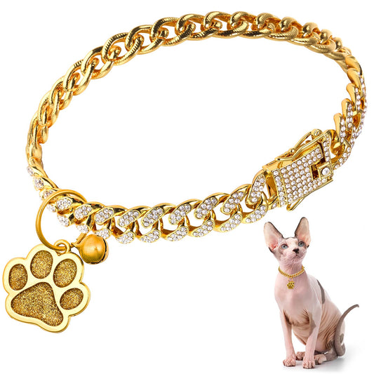 Hillban Cat Collar Diamond Chain Glitter Collar Walking Metal with Secure Buckle Cat Pet Necklace with Paw Charm and ID Tag Bell Link Cuban Jewelry Accessories Gift(10 Inch,Gold)