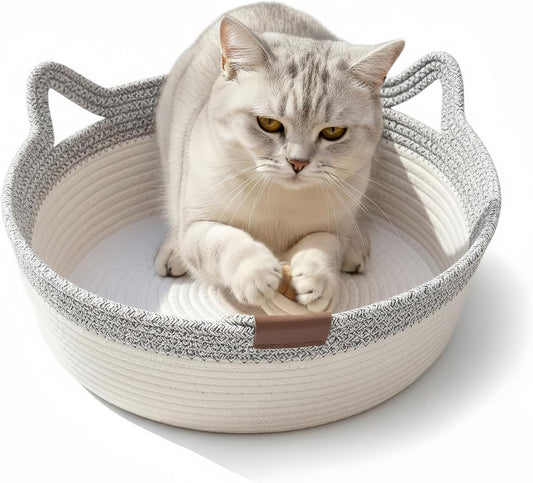 Instinct Basket for Cats - Handwoven Cotton Rope Enrichment Bed with Attached Toy Tail, Scratchable Interactive Pet Nest Features Flexible Walls to Fight Boredom & Protect Furniture (Gray, L)