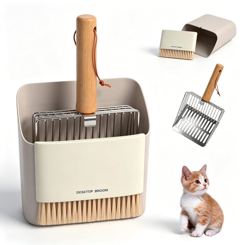 Dreamoon Cat Litter Scoop with Holder, Heavy Duty Stainless Steel Kitty Litter Scooper with Coarse and Fine Mesh, Includes Broom and Dustpan Set, Quick Sift and Easy Clean, Gray