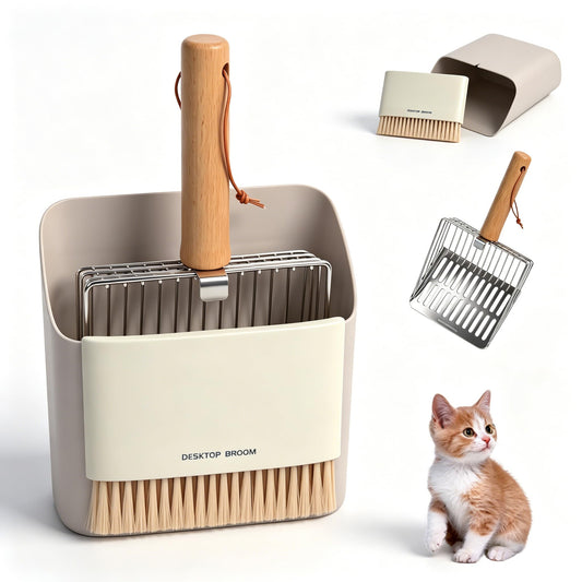 Dreamoon Cat Litter Scoop with Holder, Heavy Duty Stainless Steel Kitty Litter Scooper with Coarse and Fine Mesh, Includes Broom and Dustpan Set, Quick Sift and Easy Clean, Gray