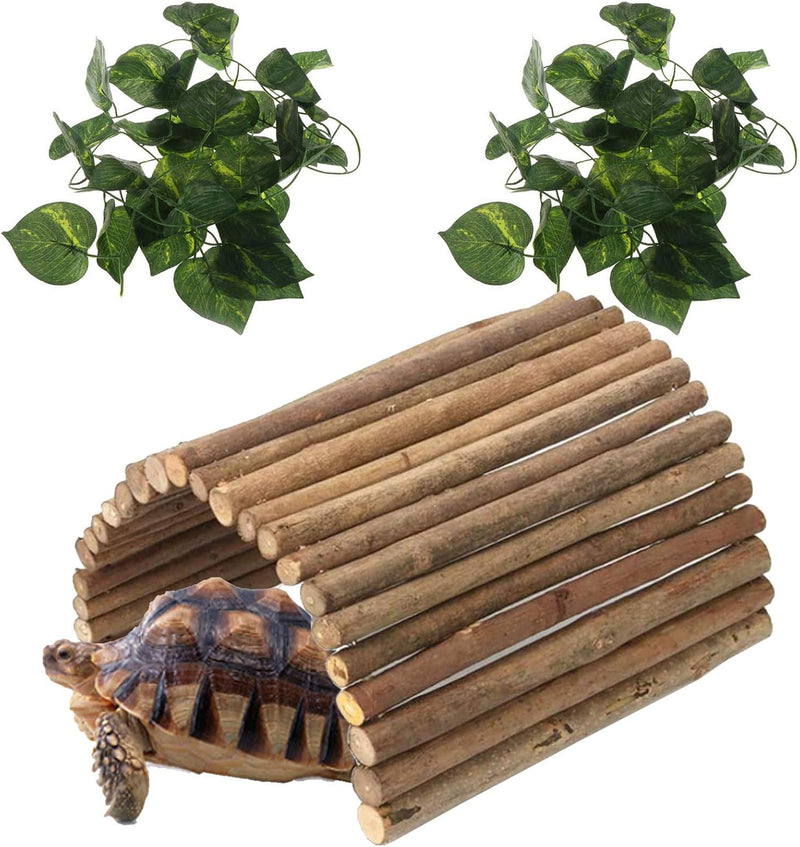Hamiledyi Extra Large Wooden Reptile Hideout Bearded Dragon Bendy Bridge Climbing Ladder Hiding Hut Reptiles Hide Cave H