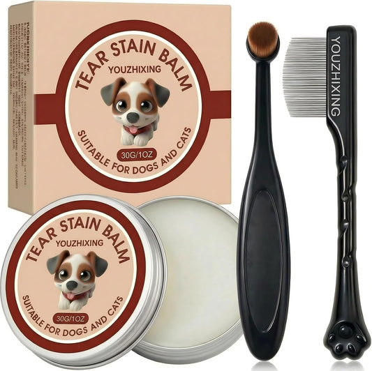 3-in-1 Dog Tear Stain Remover Kit - Natural Eye Gunk Remover Balm (1 oz) with Pro Powder Brush & Stainless Steel Eye Comb - Gentle Stain Treatment for White Dog