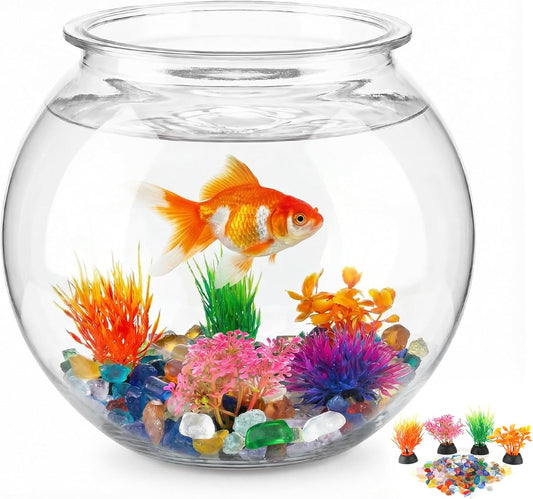 1 Gallon Clear Plastic Fish Bowl Set with 5 Artificial Plants and Stones