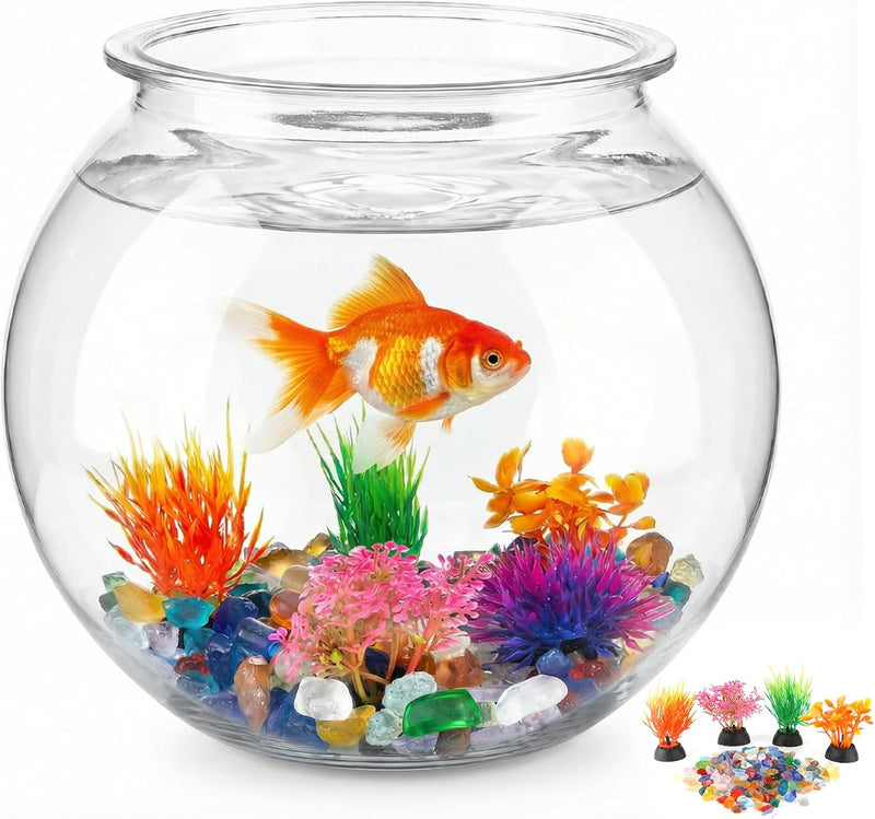 1 Gallon Clear Plastic Fish Bowl Set with 5 Artificial Plants and Stones
