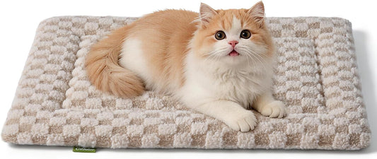 Cadolov Cat Bed Mat for Indoor Cats, Washable Dog Beds Crate Pad for Small Medium Dogs, Soft Cute Plush Non Slip 3D Pattern Pet Bed Khaki 18''x14''