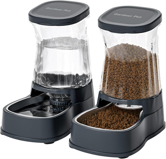 Gardner Pet Automatic Dog Water Dispenser Gravity Stainless Steel Waterer & Food Feeder Set, 100% BPA Free Large Capacity Feeding Bowls for Medium & Large-Sized Dogs Cats Other Pets -(1 Gallon x2)