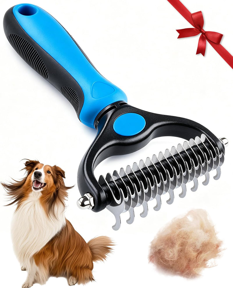 Pet Grooming Tool for Dogs & Cats - Dematting Comb, Double Sided Pet Grooming Brush for Removing Loose Hair, Mats, Tangles & Undercoat, Stainless Steel Grooming Tool for Long & Short Hair (Blue)