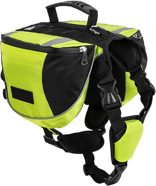 Polyester Dog Saddlebags Pack Hound Travel Camping Hiking Backpack Saddle Bag for Small Medium Large Dogs (Neon Green,M)