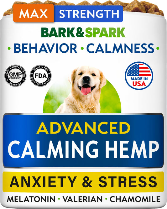 BARK&SPARK Advanced Calming Chews for Dogs - Separation Anxiety Relief for Dogs w/Hemp Oil + Melatonin - Relief During Fireworks, Storms - Aggressive Behavior, Barking, Stress Aid - 90Chews