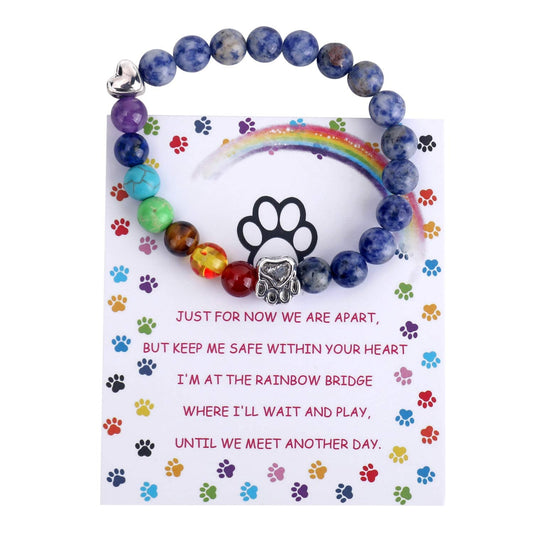 Unijew Pet Memorial Gifts, Rainbow Bridge Bracelet for Beloved Dog Cat, 8MM Mixed Color Bead 7 Chakra Memorial Bracelet for Women Men Who Lost Pets, Pet Sympathy Gift