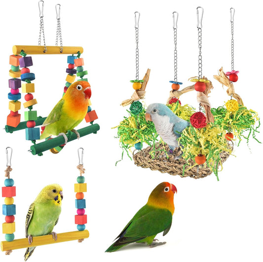 DBNESS Bird Hammock Toys Parakeet Perches Swing, 3in1 Detachable Parrot Cage Accessories, Wooden Hanging Chew Toys for Medium Conure Cockatiel Quaker Lory