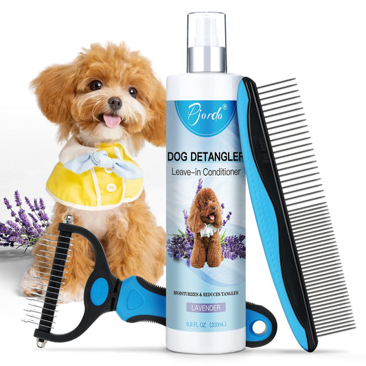 Pjordo Dog Detangler Spray, Natural Dog Leave in Conditioner Spray with Deshedding Brush and Metal Comb for Grooming and Mat Removal, Lavender Scent for Dogs