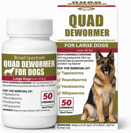 Quad Dewormer Chewable for Dogs Over 45 lbs, Oral Wormer for Roundworms, Tapeworms, Hookworms & Whipworms, 50 Beef Flavo